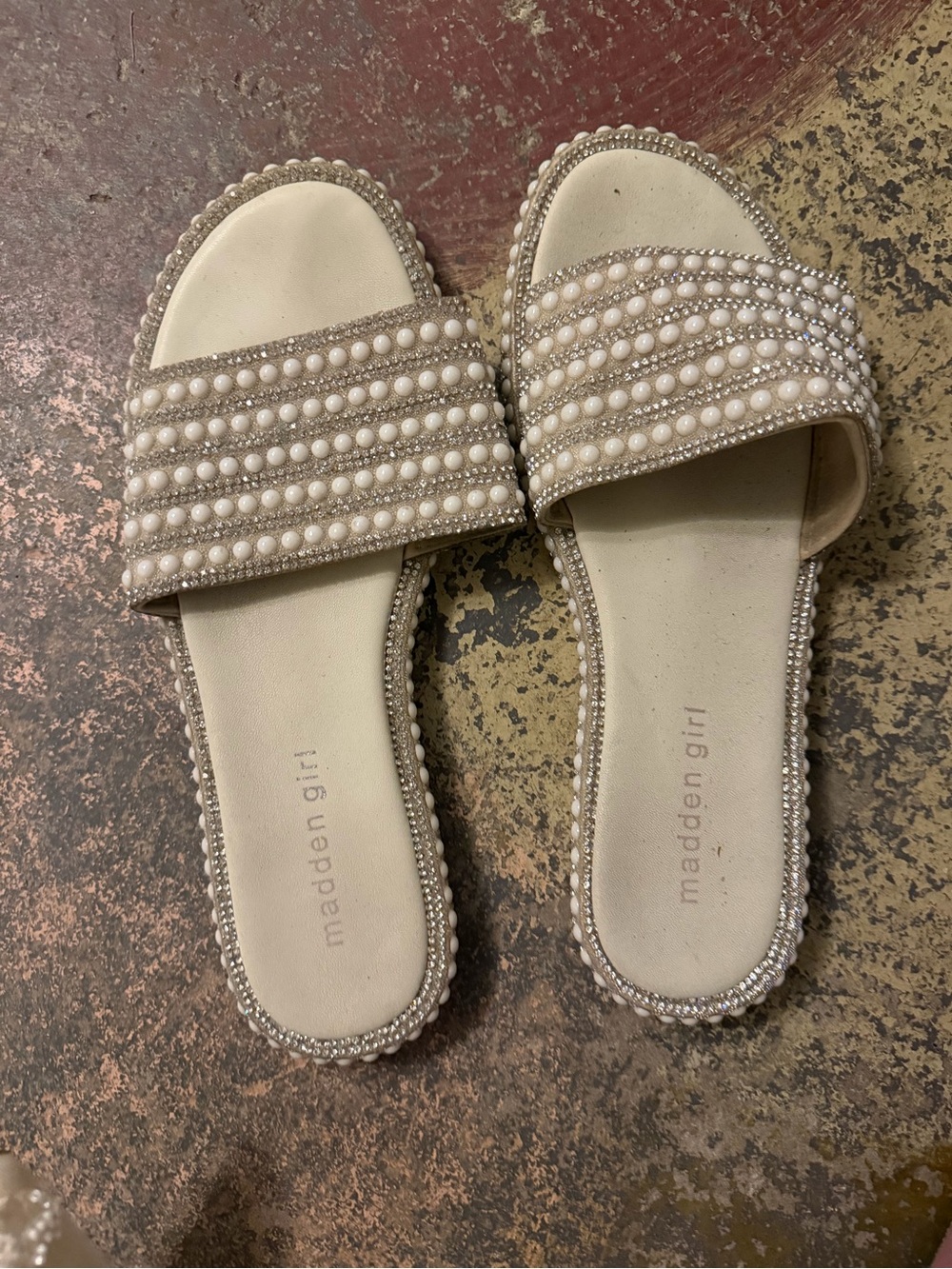Madden Girl Cream Pearl & Rhinestone Slide Sandals